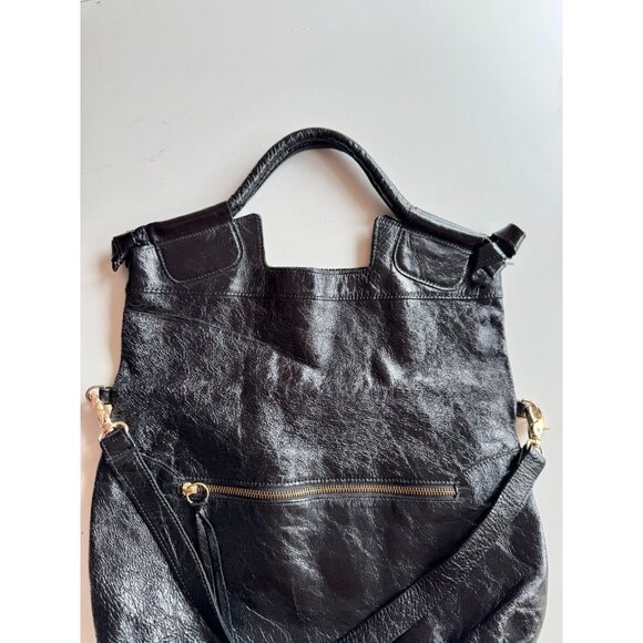 FOLEY + CORINNA Mid City Black Crinkle Leather Foldover Crossbody Bag Purse - Picture 2 of 14
